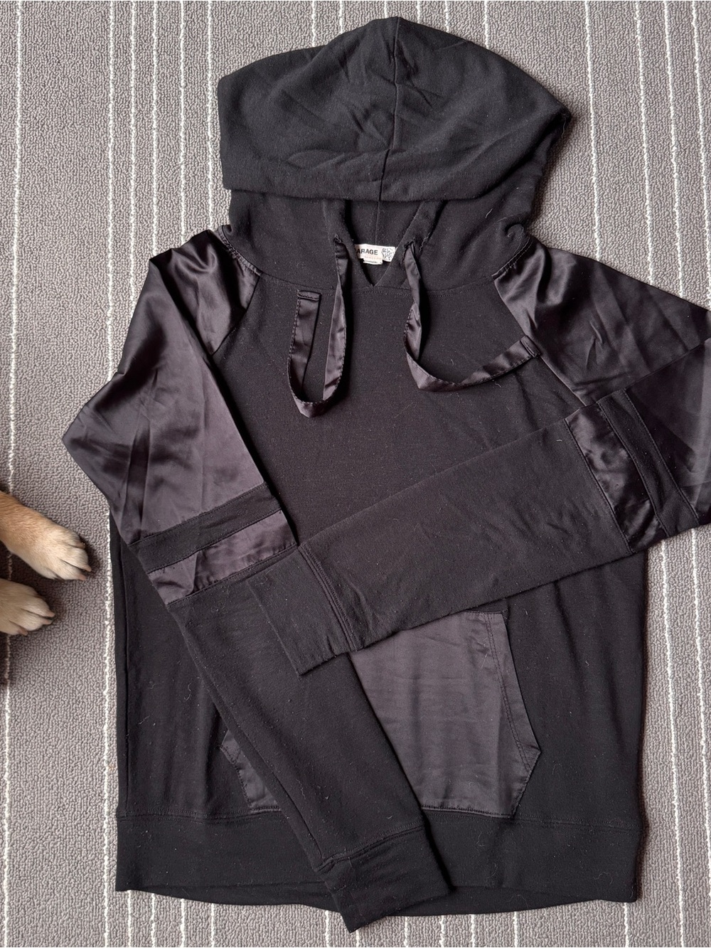 Garage Black Crewneck Hoodie Sweater with Satin Accents